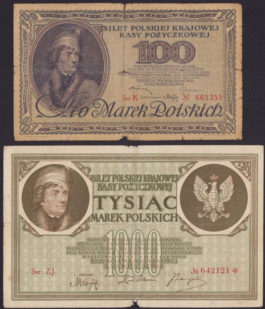 100 marek polskich 1919 seria K i 1.000 marek polskich 1919 seria ZJ